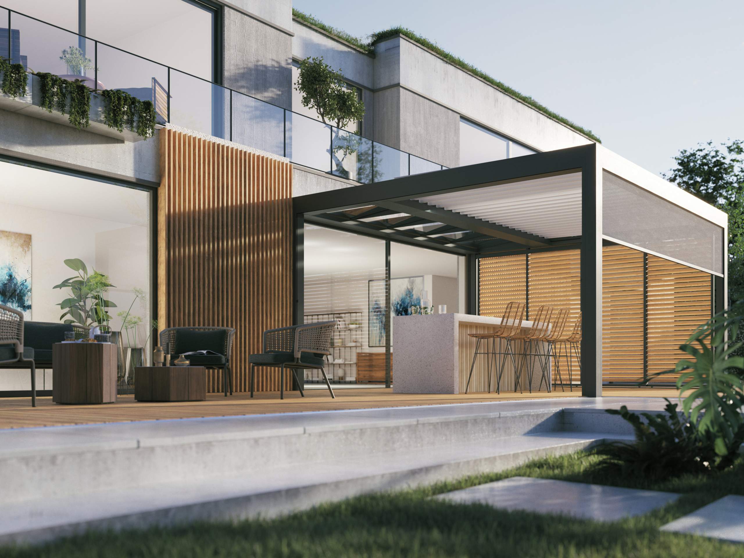 Modern patio with wicker chairs and a table sits under a sleek pergola next to a contemporary house. Large glass doors and vertical wooden slats add style to the space.