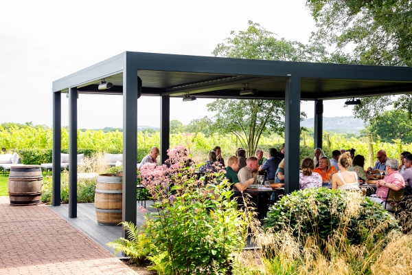 A group of people sits and dines under a modern pergola in a lush vineyard setting, surrounded by greenery and wine barrels, with a distant view of countryside.